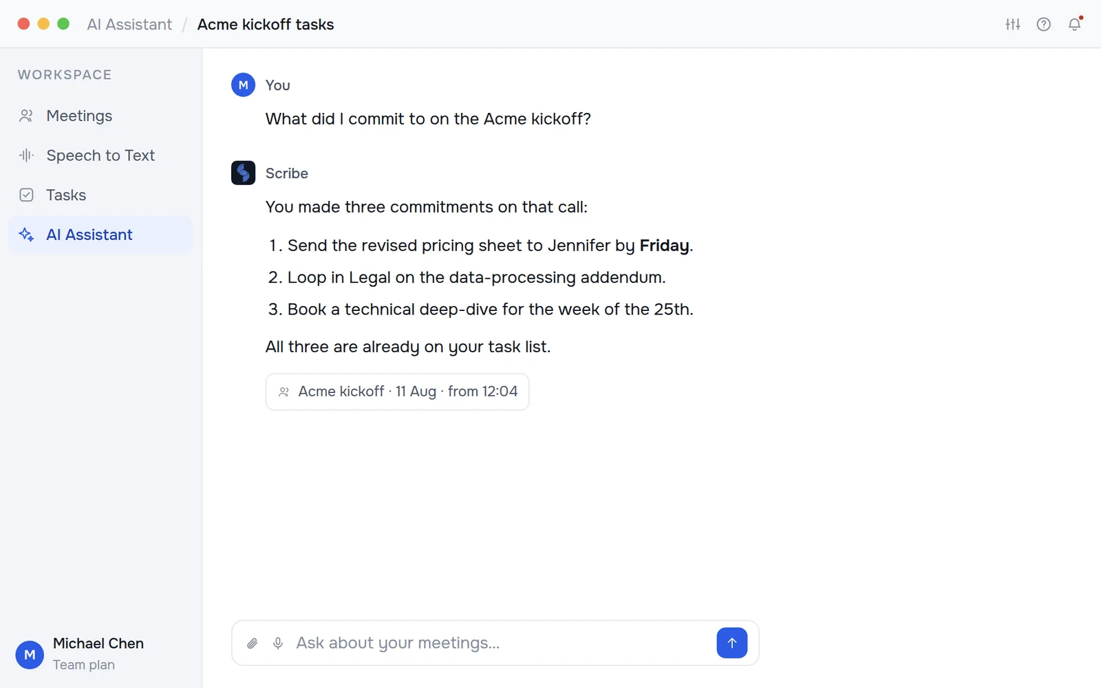 The Kept assistant answering a question about a past meeting, with the source call cited