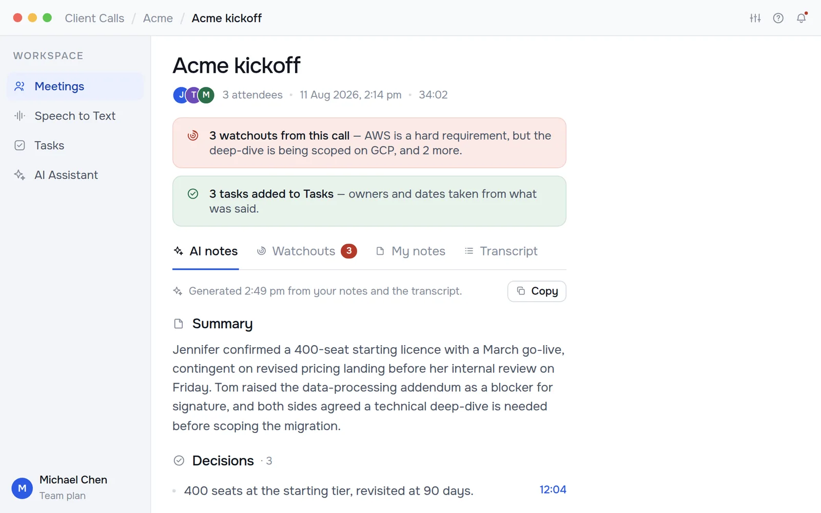 A meeting page showing the AI summary, decisions and the tasks captured from the call