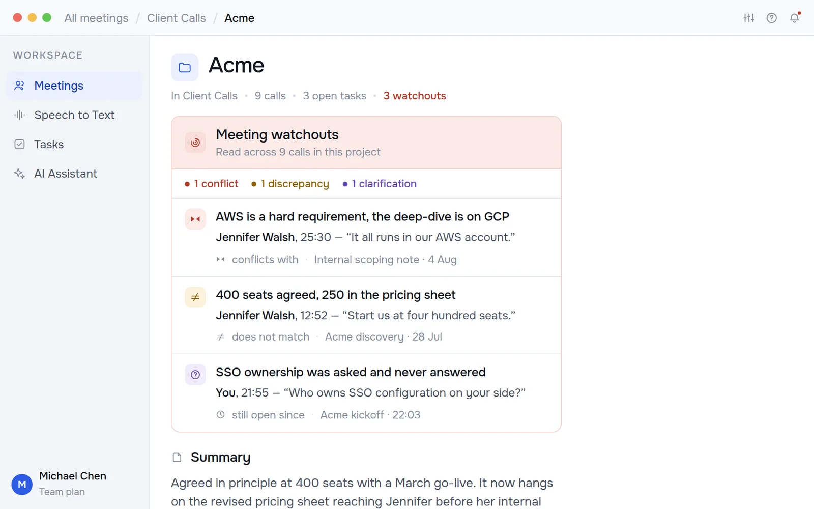 A Kept project page with watchouts, a rolled-up summary, decisions and open tasks