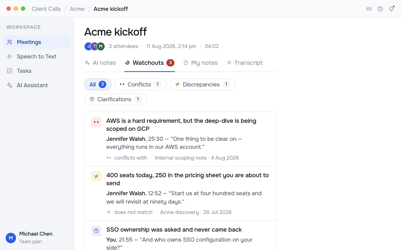 The watchouts tab of a meeting, listing a conflict, a discrepancy and an open question