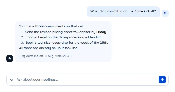 Kept's assistant answering \u201cWhat did I commit to on the Acme kickoff?\u201d with three commitments, cited to the Acme kickoff on 11 August from 12:04